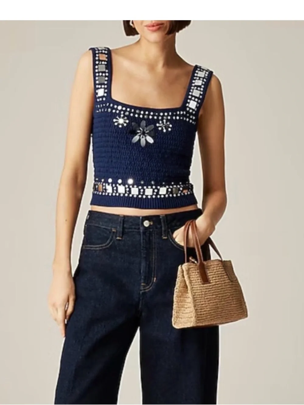 J. Crew Navy sweater tank with hand Embellishe- mirrored